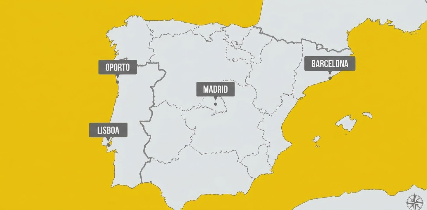 Mapa de las instalaciones del Grupo Eurotir con ubicaciones en Barcelona, Madrid, Oporto y Lisboa